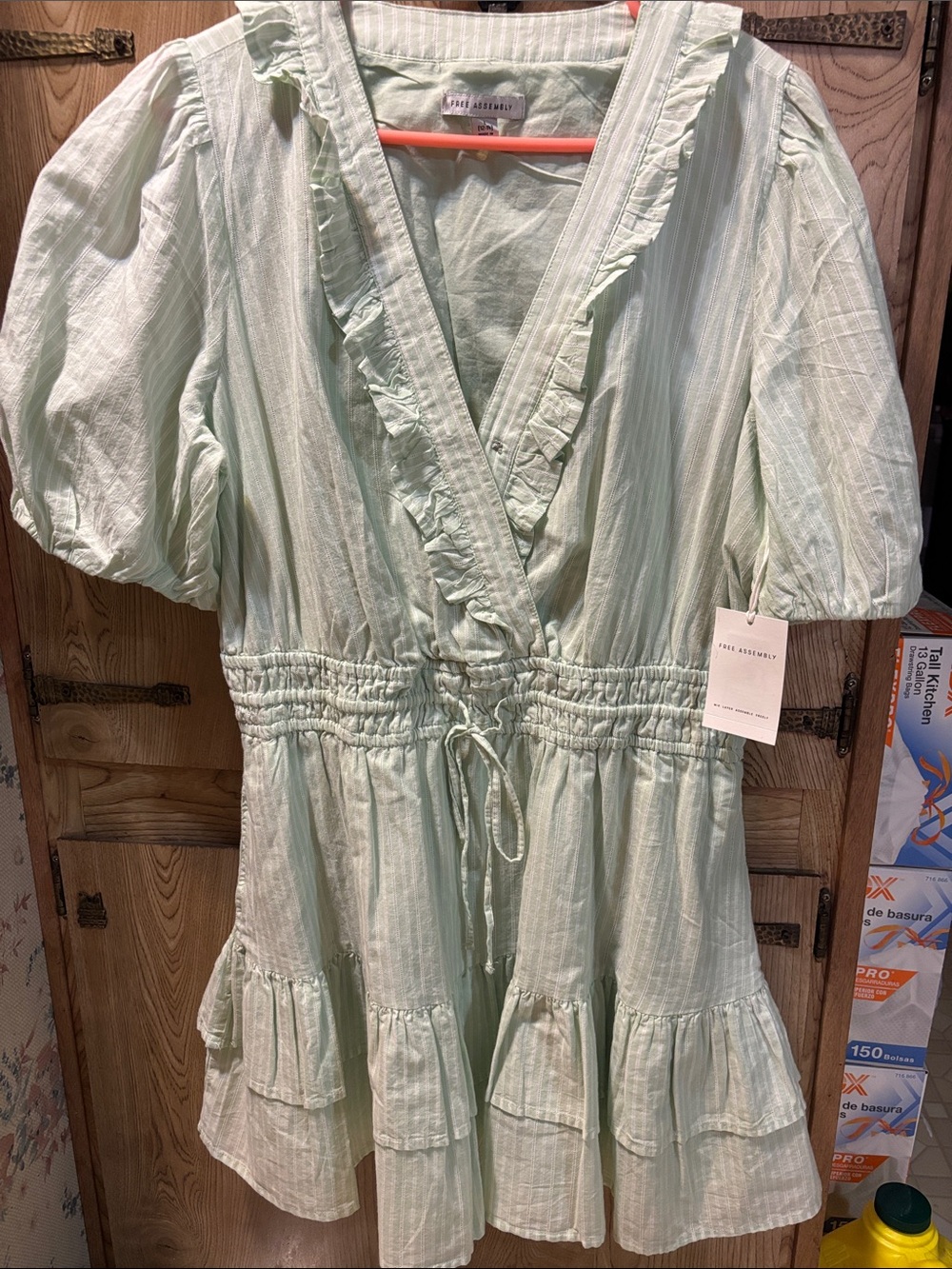 Womens tiered ruffled mini dress mint green white stripes size L 12/14